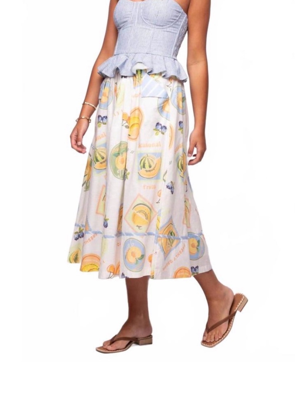 49- NWT Prosperina White Multicolor Fruit Print A-Line Long Midi Skirt Pockets M